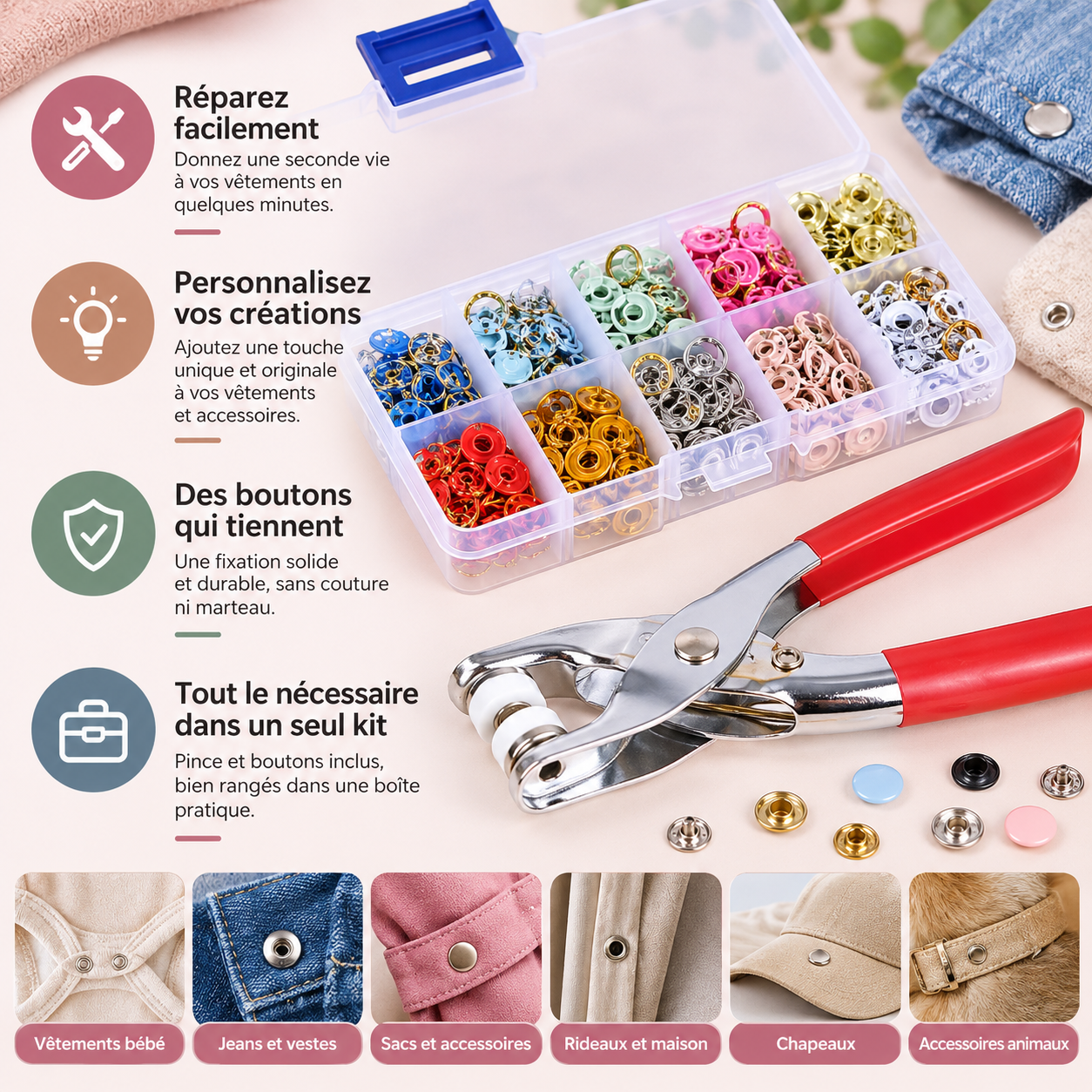 Pressia™ – Kit Boutons-Pression Sans Couture ( Lot de 100 boutons-pression colorés)