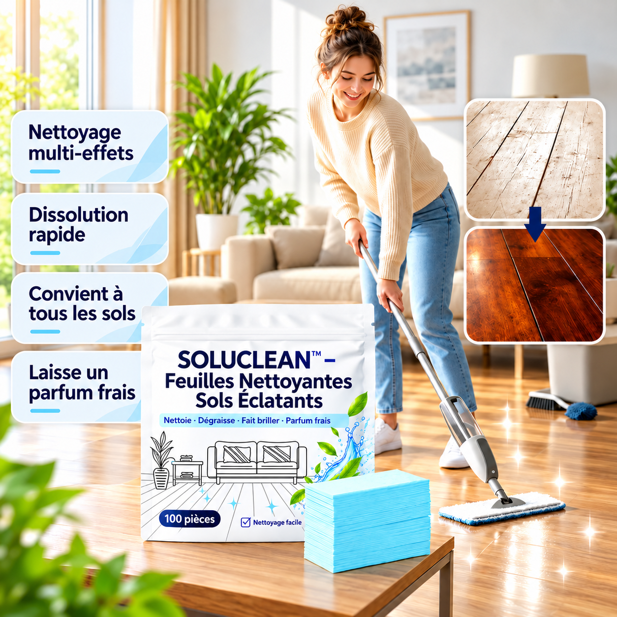 SOLUCLEAN™– Feuilles Nettoyantes Sols Éclatants